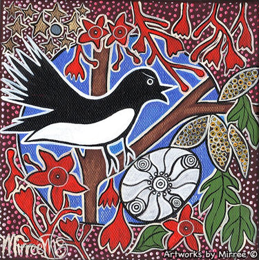 Willie Wagtail Dreaming with Coolamon Framed Canvas Print by Mirree Contemporary Aboriginal Art